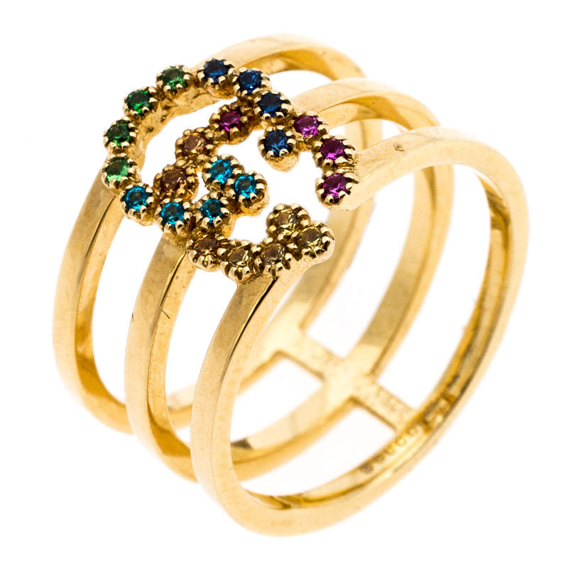 Original Gucci GG Running Multicolor Gemstones 18K Yellow Gold Ring Size 50.5