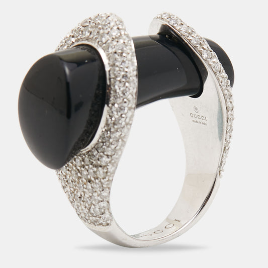 Original Gucci Horsebit Onyx Diamonds 18k White Gold Cocktail Ring Size 53