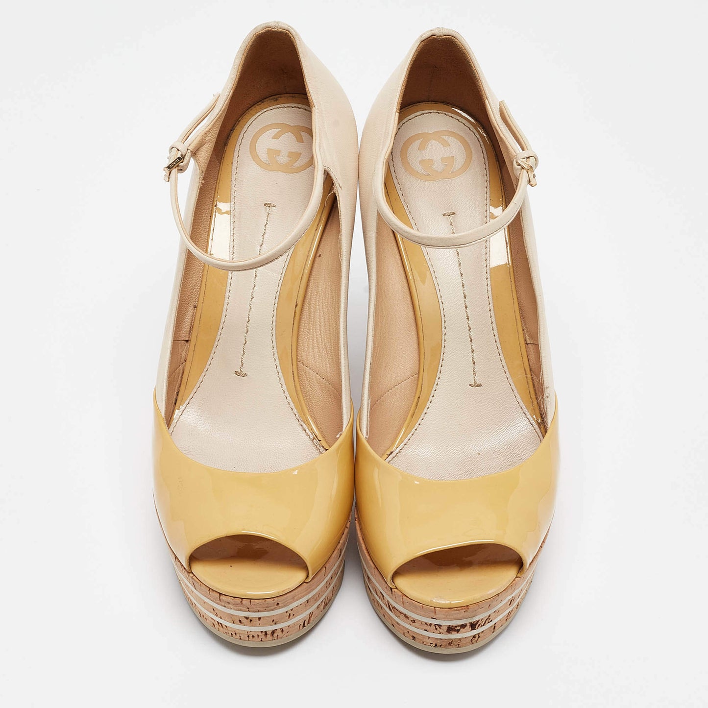 Original Gucci Beige/Yellow Patent And Leather Cork Wedge Pumps Size 39