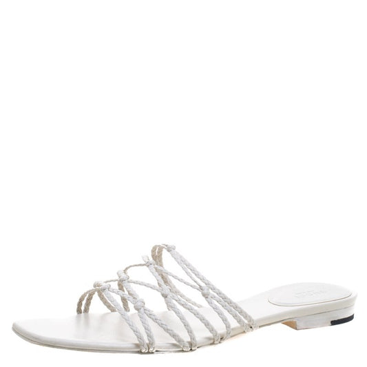 Original Gucci White Braided Leather Strappy Flat Slides Size 39.5