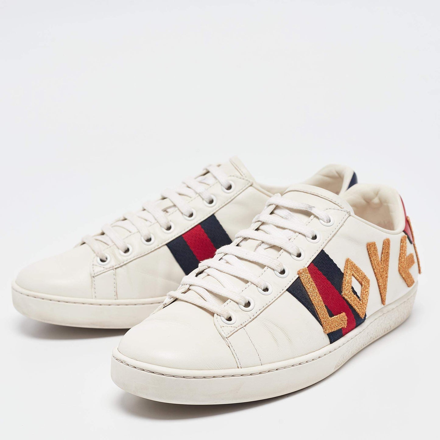 Original Gucci White Leather Web Ace Lace Up Sneakers Size 38