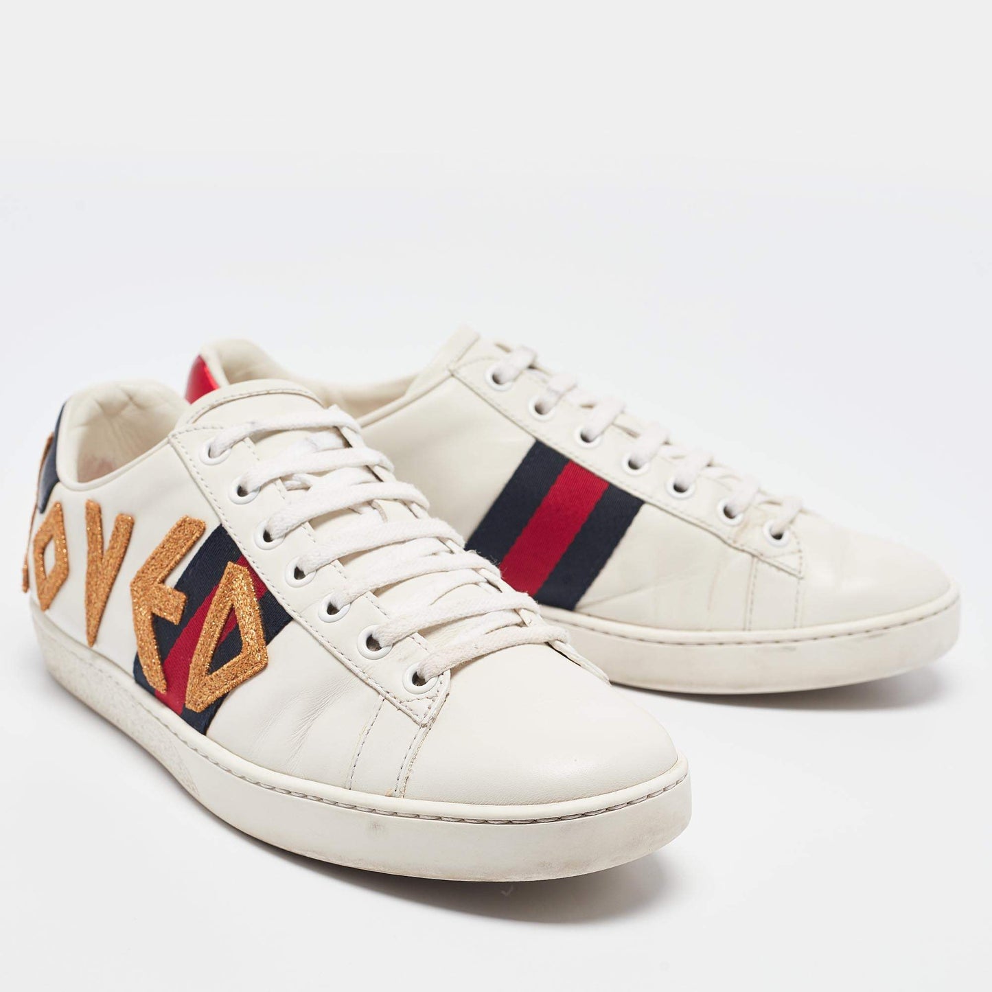 Original Gucci White Leather Web Ace Lace Up Sneakers Size 38