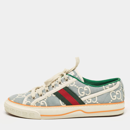 Original Gucci Blue/White Denim Tennis 1977 Lace Up Sneakers Size 39