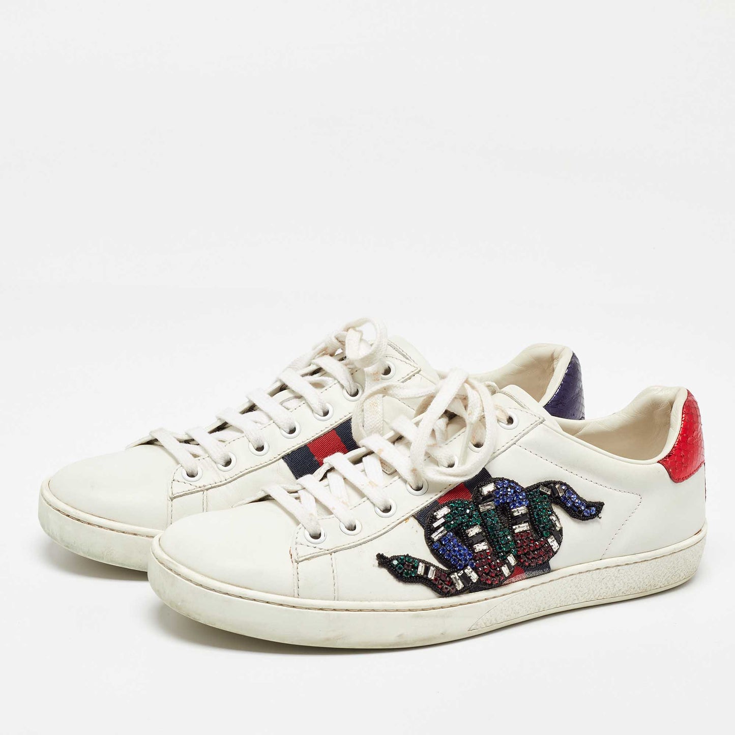 Original Gucci White Leather Snake Crystal Embellished Ace Low Top Sneakers Size 38.5