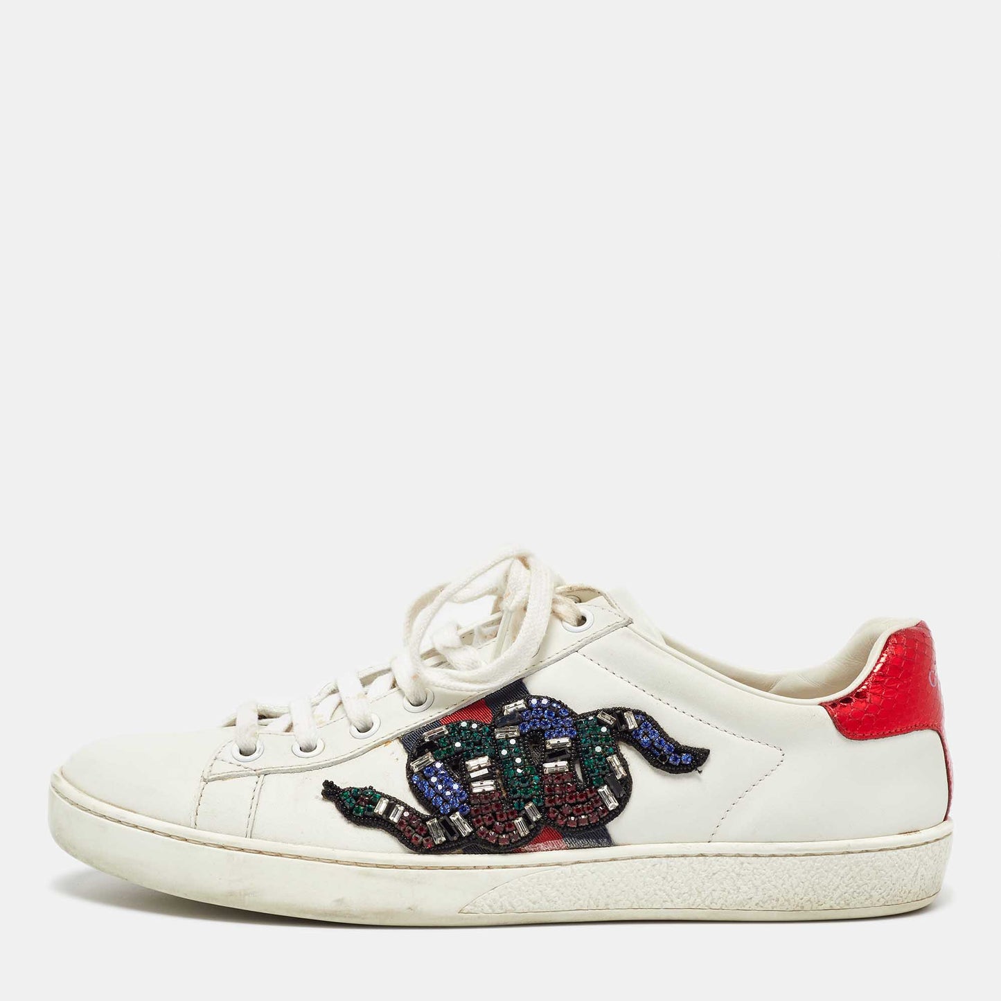 Original Gucci White Leather Snake Crystal Embellished Ace Low Top Sneakers Size 38.5