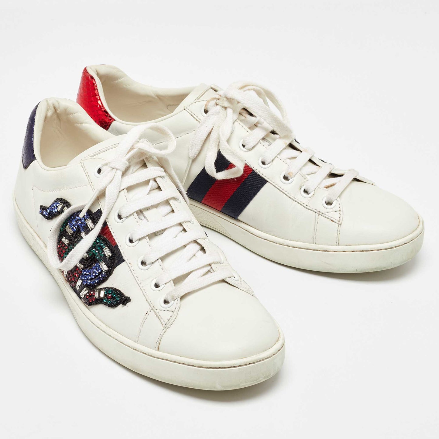 Original Gucci White Leather Snake Crystal Embellished Ace Low Top Sneakers Size 38.5