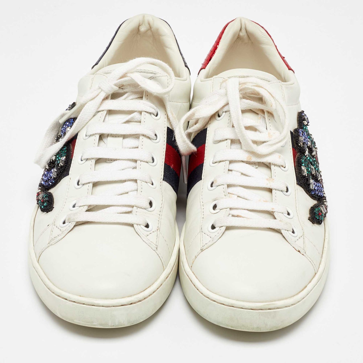 Original Gucci White Leather Snake Crystal Embellished Ace Low Top Sneakers Size 38.5