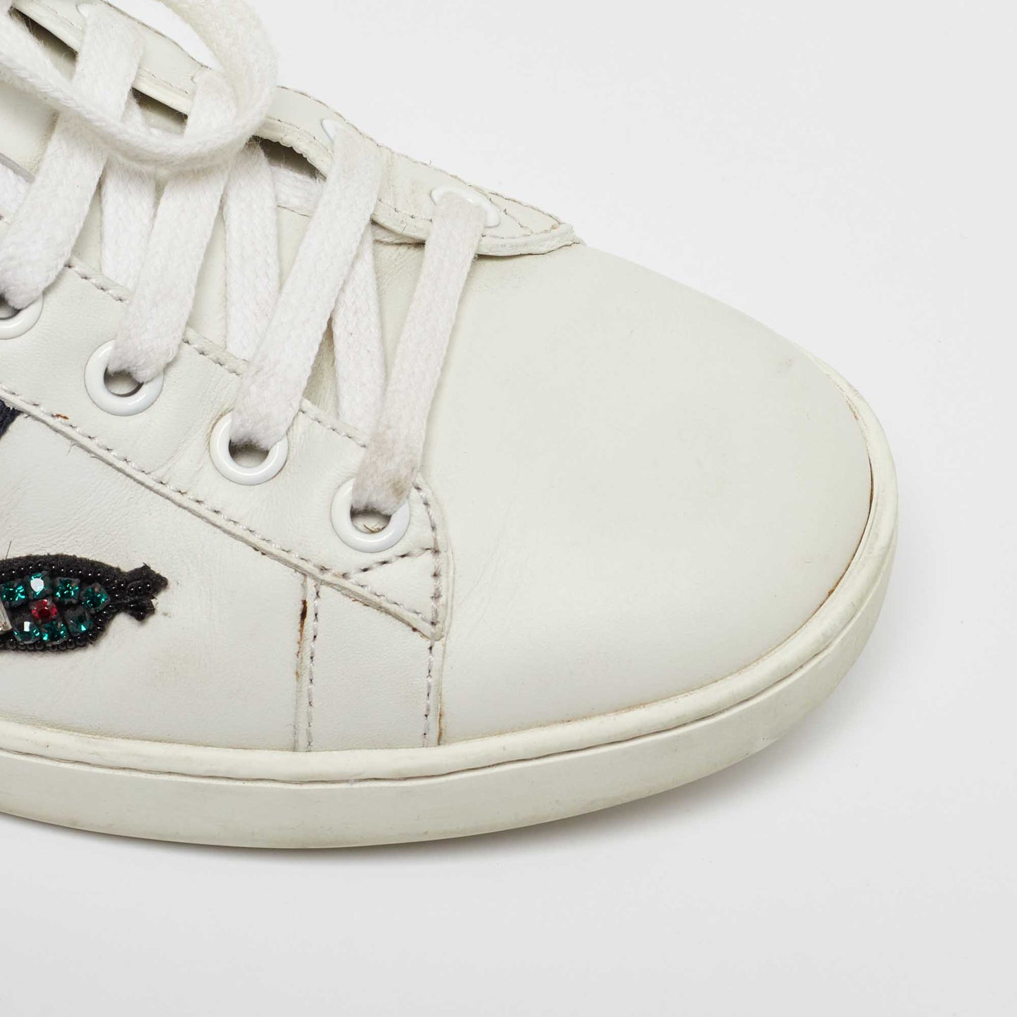 Original Gucci White Leather Snake Crystal Embellished Ace Low Top Sneakers Size 38.5