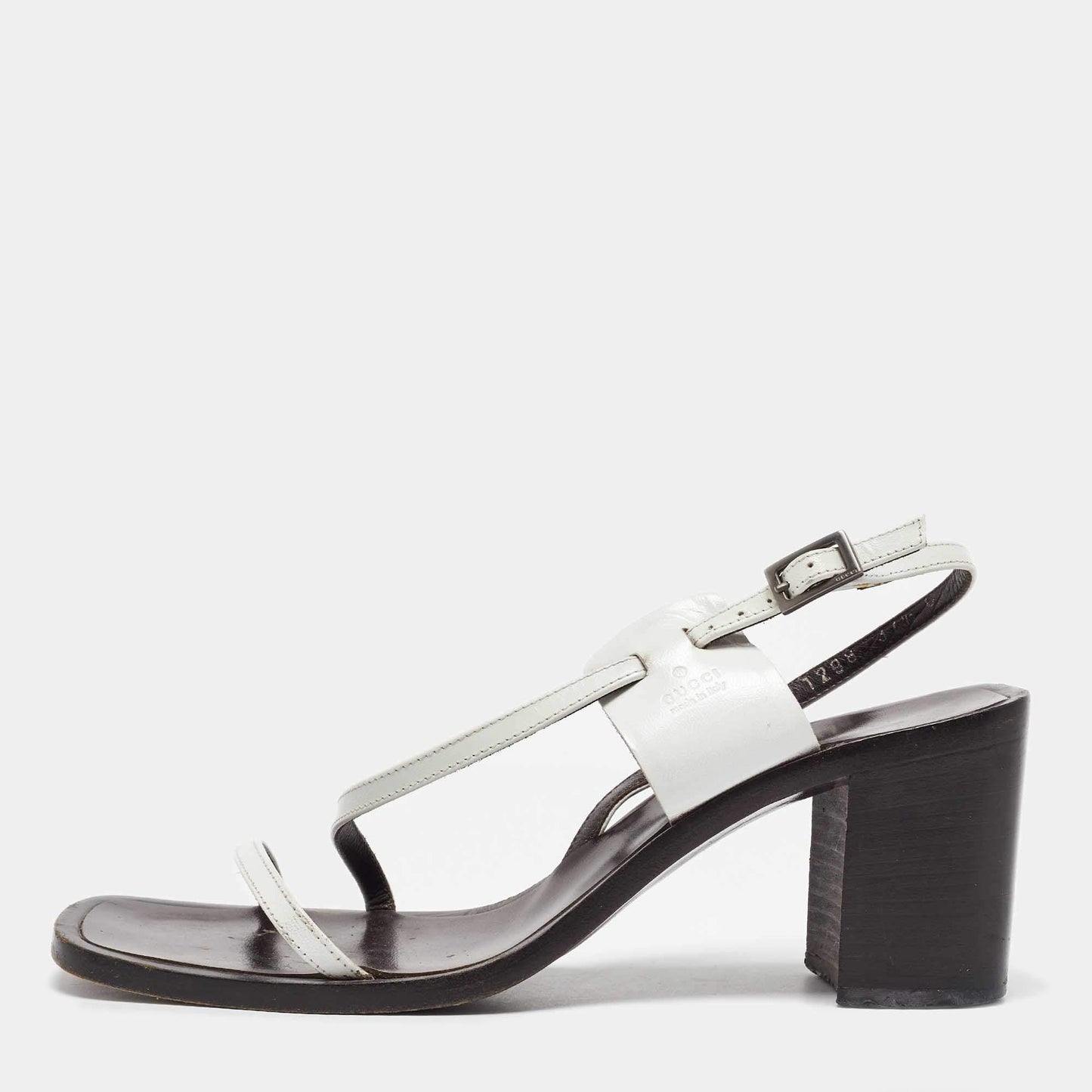 Original Gucci White Leather Strappy Block Heel Slingback Sandals Size 37.5