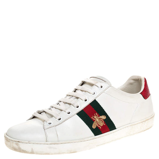 Original Gucci White Leather Embroidered Bee Ace Low-Top Sneakers Size 39