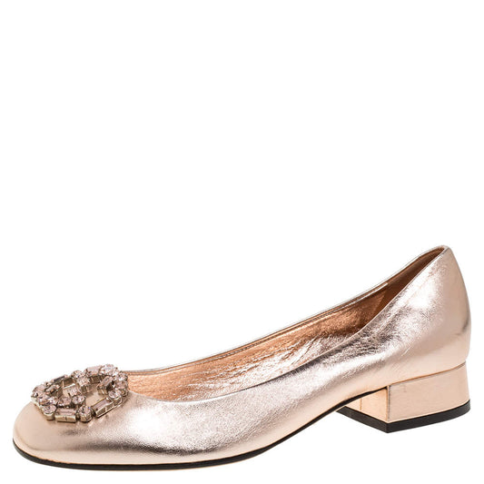 Original Gucci Metallic Rose Gold Leather Crystal GG Embellished Block Heel Pumps Size 37