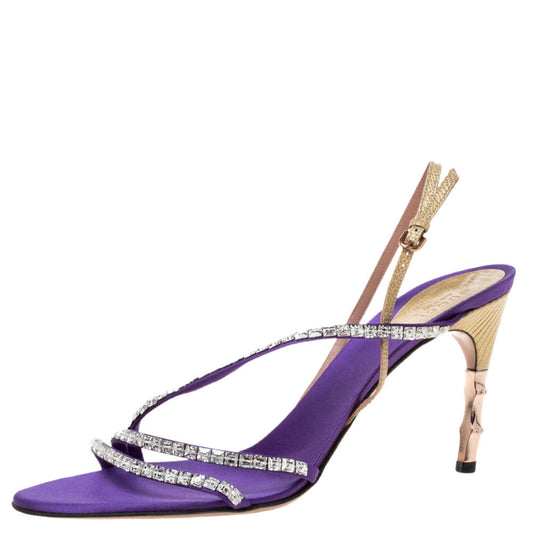 Original Gucci Purple Satin and Lizard Crystal Embellished Bamboo Heel Slingback Sandals Size 41