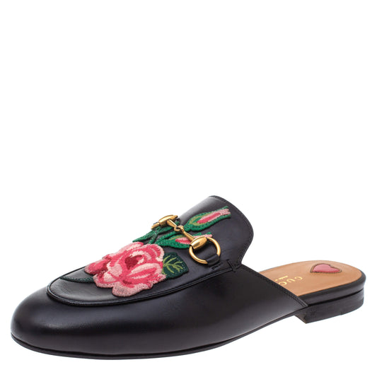 Original Gucci Black Leather Princetown Flower Embroidered Flat Mules Size 37