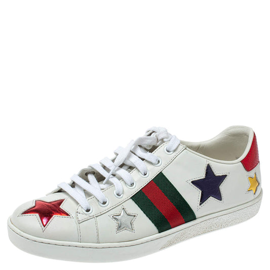 Original Gucci White Leather Ace Metallic Stars Low Top Sneakers Size 38