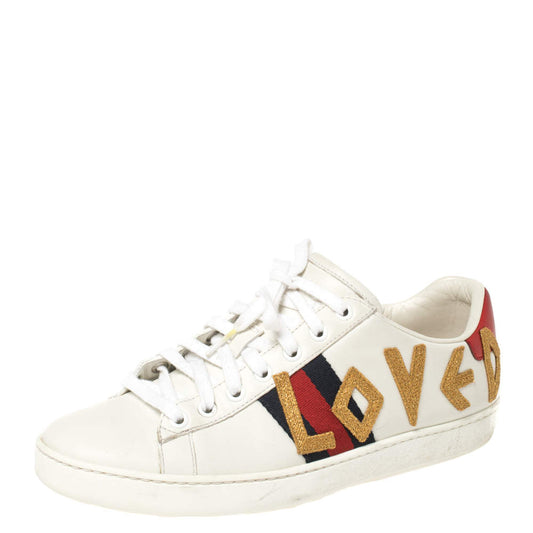 Original Gucci White Leather Loved Embroidered Ace Sneakers Size 37.5