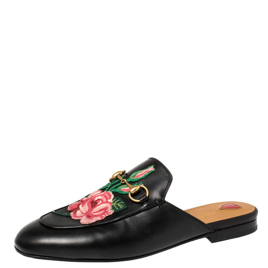 Original Gucci Black Leather Rose Embroidered Princetown Horsebit Flat Mules Size 37.5