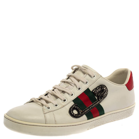 Original Gucci White Leather Embossed Python Trim Web Detail Embellishment Ace Low Top Sneakers Size 40