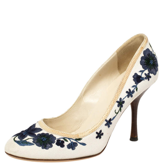 Original Gucci White Canvas Floral Embroidered Pumps Size 36.5