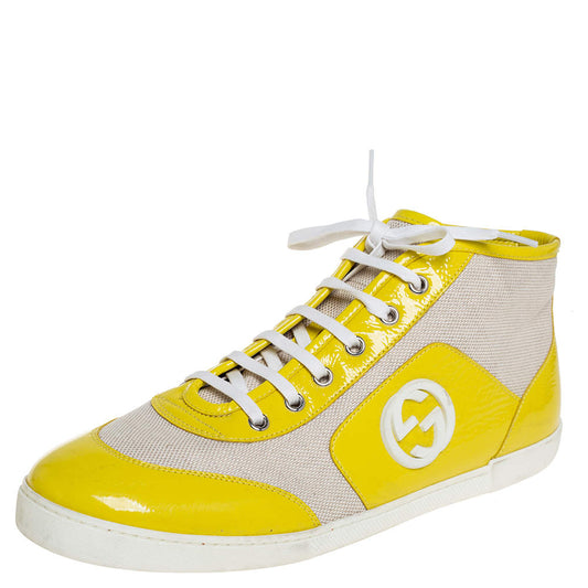 Original Gucci Yellow/White Canvas and Patent Leather High Top Sneakers Size 41