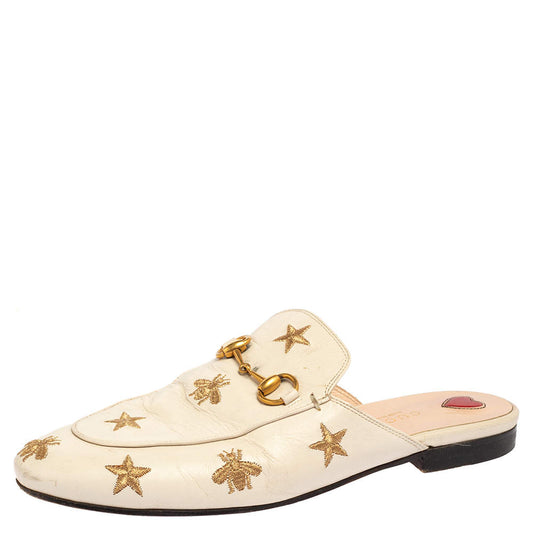 Original Gucci White Leather Star And Bee Embroidered Princetown Flat Mules Size 37