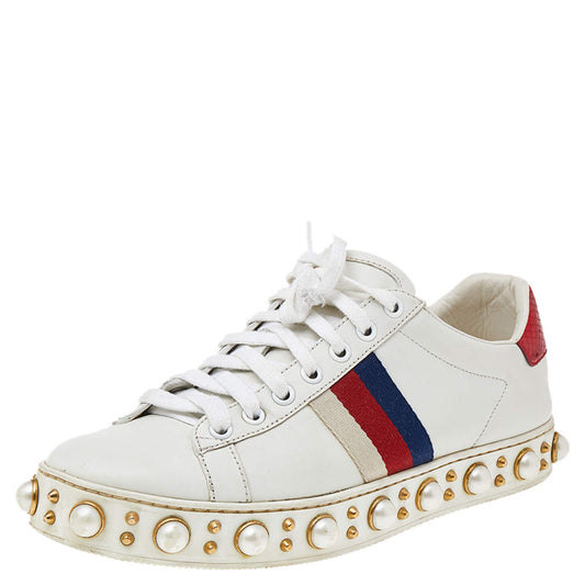 Original Gucci White Leather And Canvas New Ace Pearl Embellished Low Top Sneakers Size 37.5