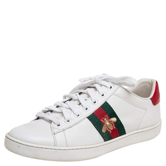 Original Gucci White Leather Embroidered Bee Ace Low Top Sneakers Size 37.5