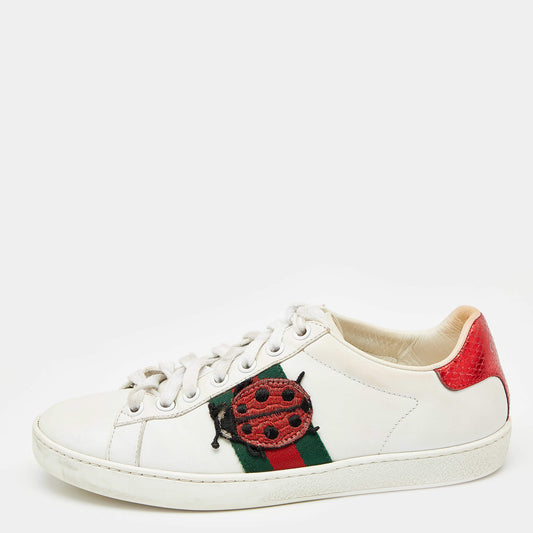 Original Gucci White Leather Embroidered Ladybug And Pineapple Ace Sneakers Size 35