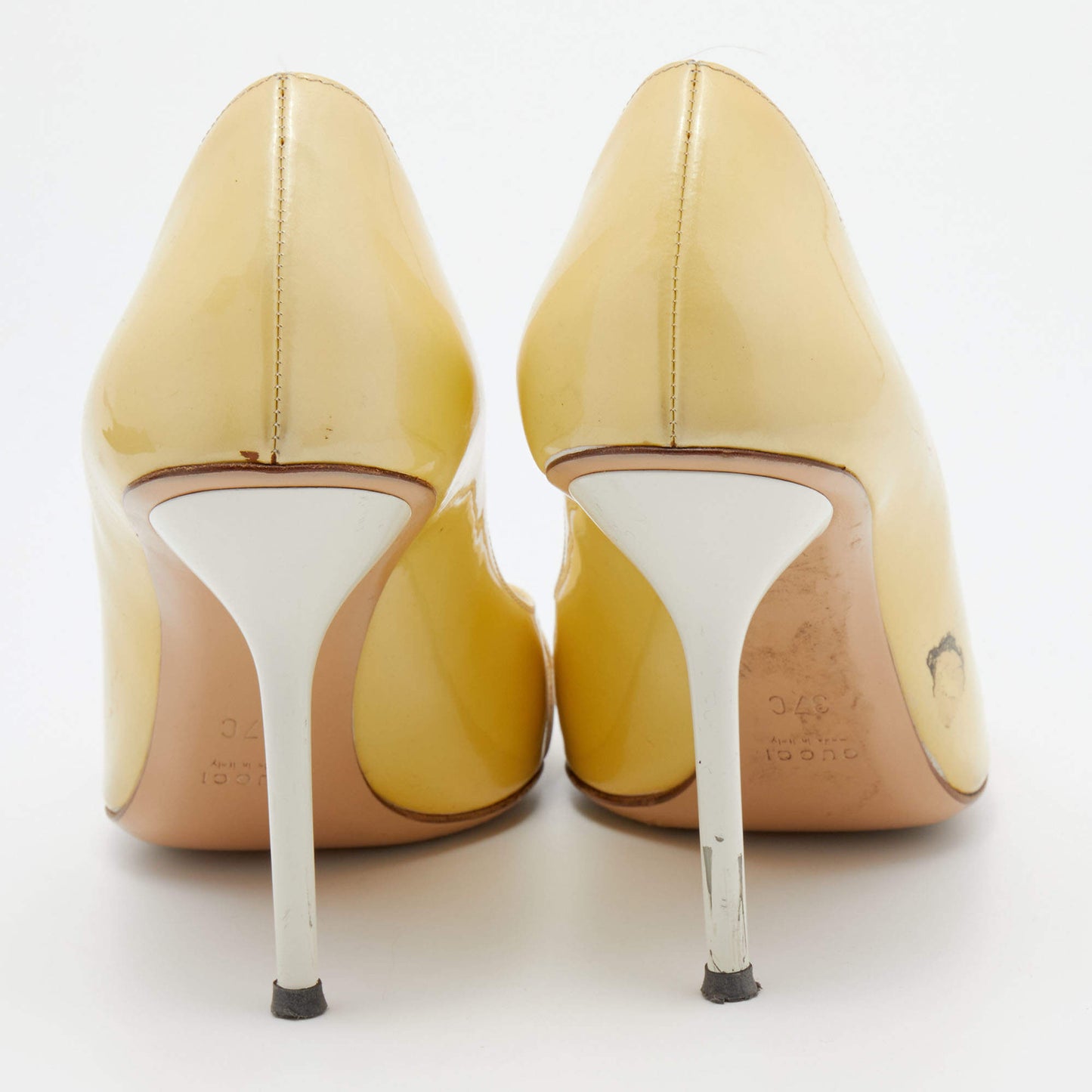 Original Gucci Yellow Patent Leather Horsebit Peep Toe Pumps Size 37