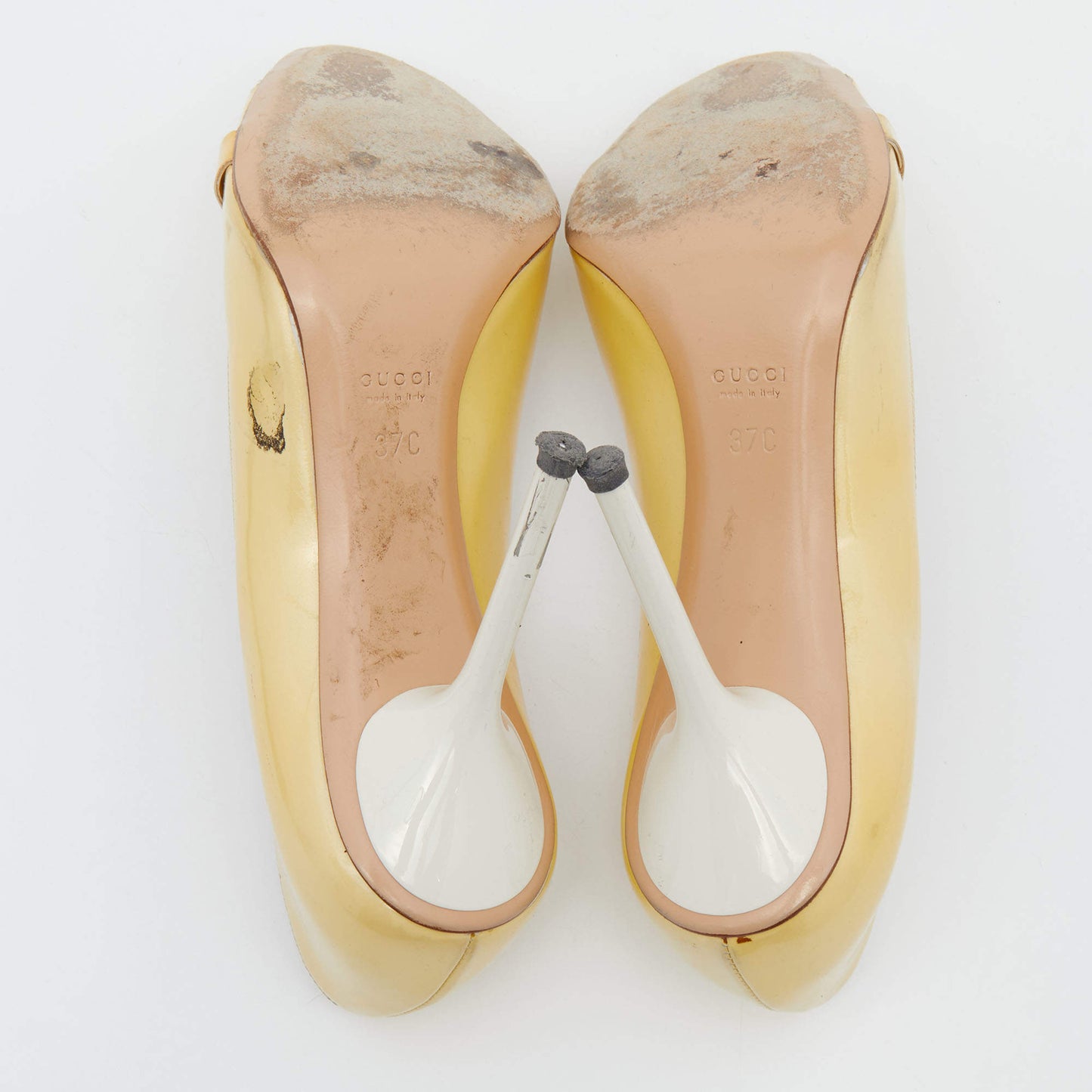 Original Gucci Yellow Patent Leather Horsebit Peep Toe Pumps Size 37