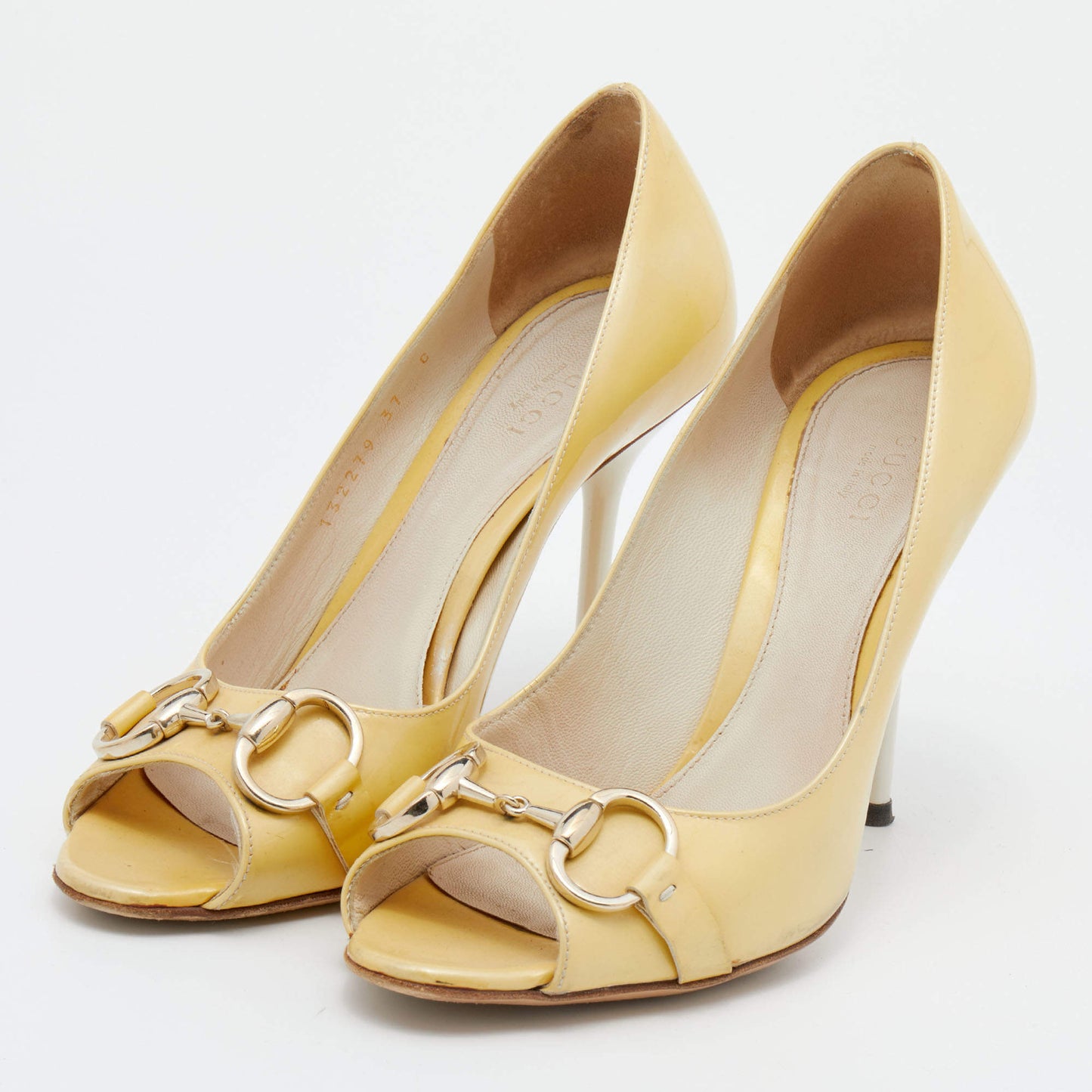 Original Gucci Yellow Patent Leather Horsebit Peep Toe Pumps Size 37