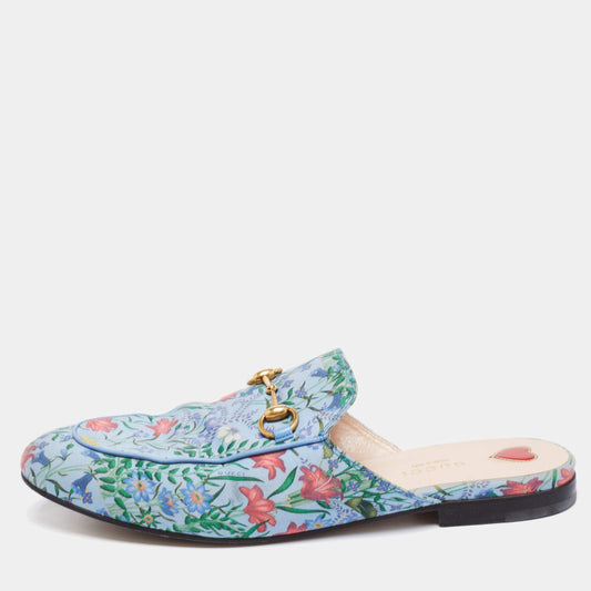 Original Gucci Blue Floral Print Satin Horsebit Princetown Flat Mules Size 39