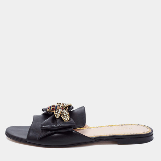 Original Gucci Black Leather Bee-Embellished Flat Sandals Size 39