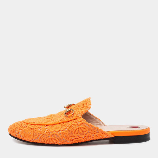 Original Gucci Neon Orange Lace Princetown Flat Mules Size 39