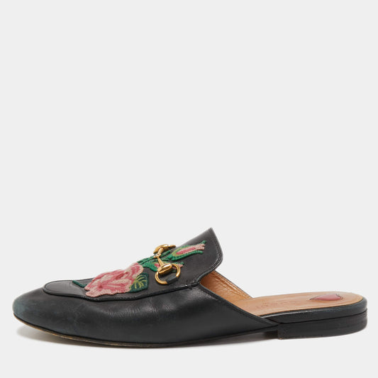 Original Gucci Black Leather Rose Embroidered Princetown Horsebit Flat Mules Size 39