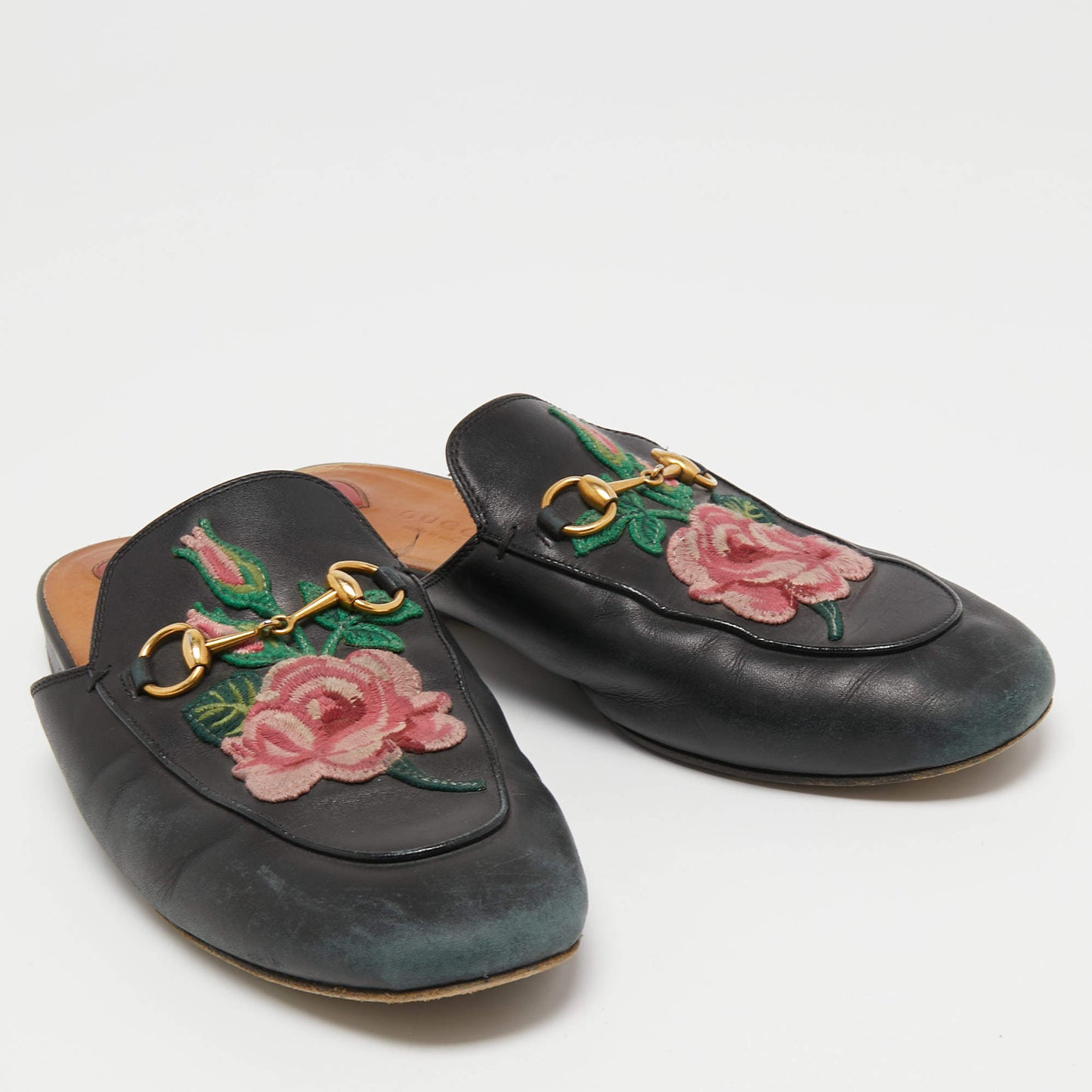 Original Gucci Black Leather Rose Embroidered Princetown Horsebit Flat Mules Size 39