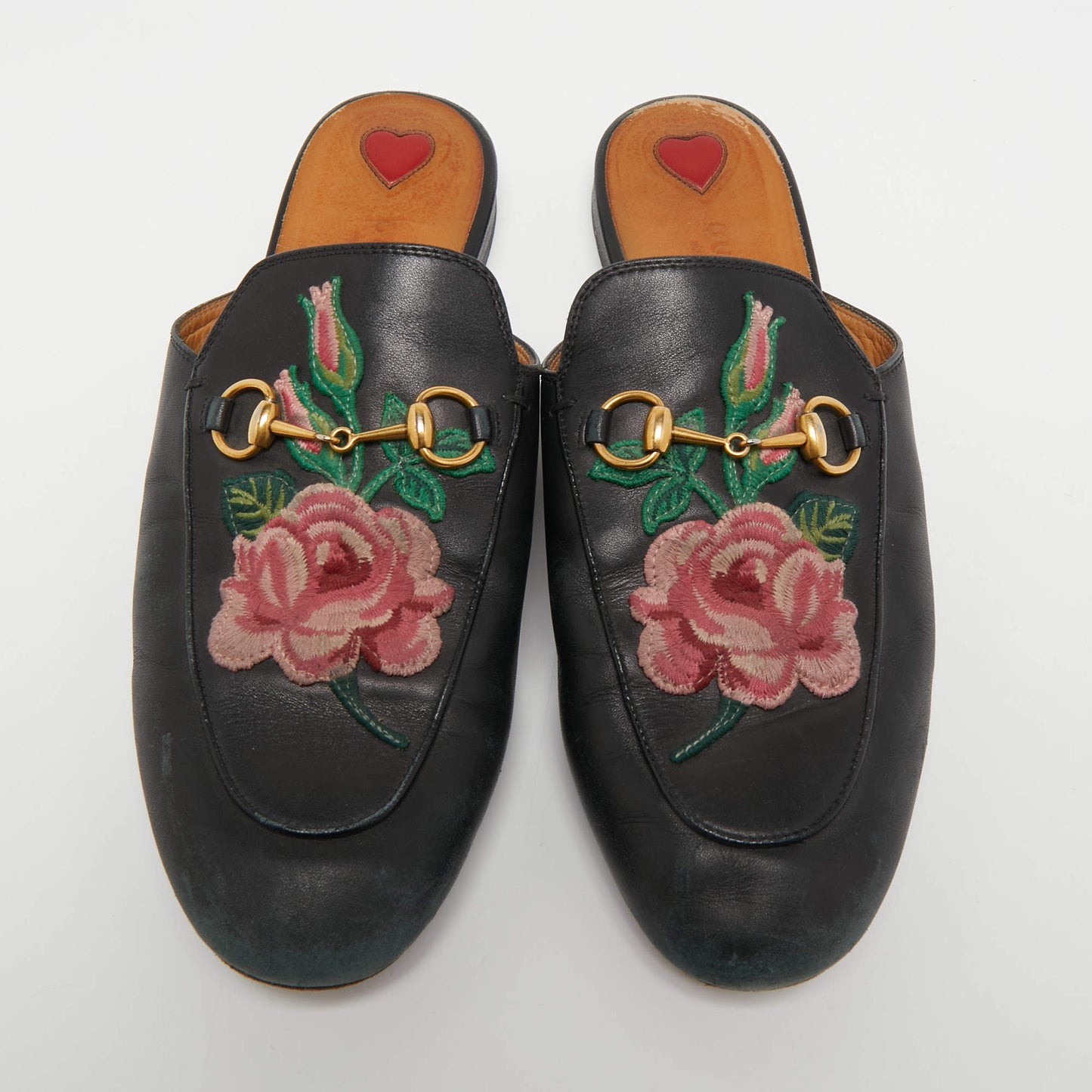 Original Gucci Black Leather Rose Embroidered Princetown Horsebit Flat Mules Size 39