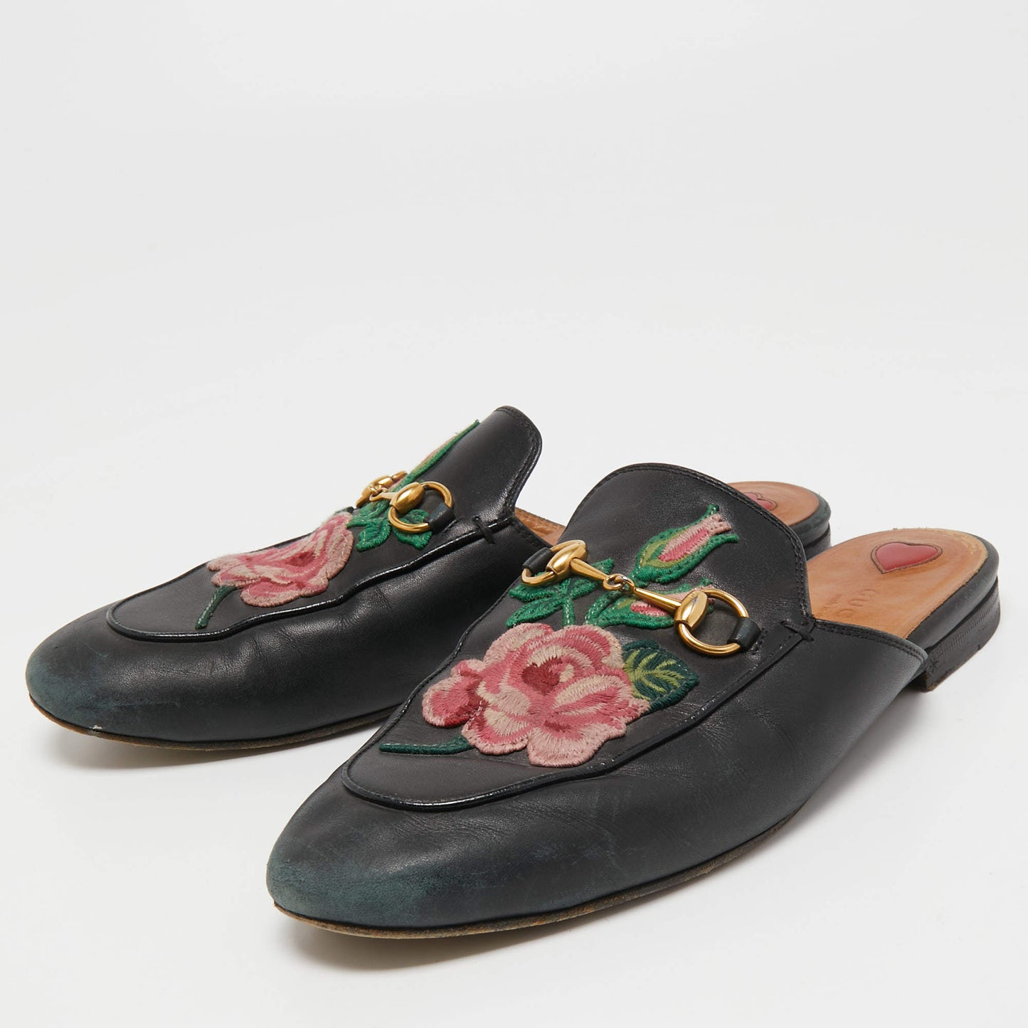 Original Gucci Black Leather Rose Embroidered Princetown Horsebit Flat Mules Size 39