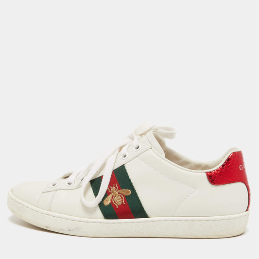 Original Gucci White Leather Embroidered Bee Ace Sneakers Size 36.5