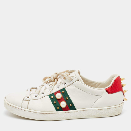 Original Gucci White Leather Web Detail New Ace Faux Pearl Embellished Low Top Sneakers Size 39.5