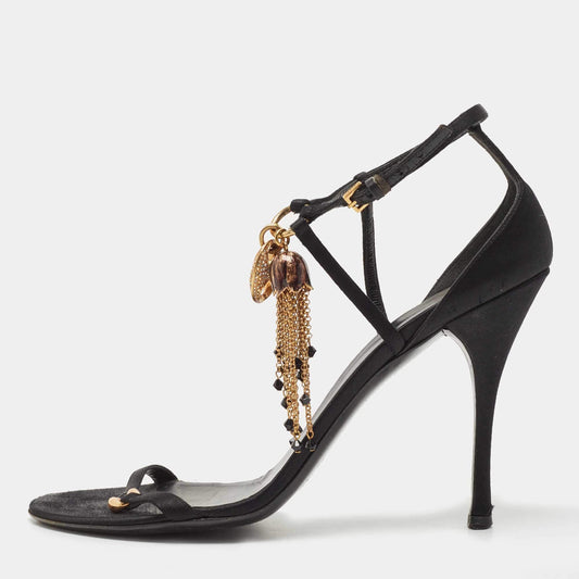 Original Gucci Black Satin And Leather Embellished Ankle Strap Sandals Size 40.5