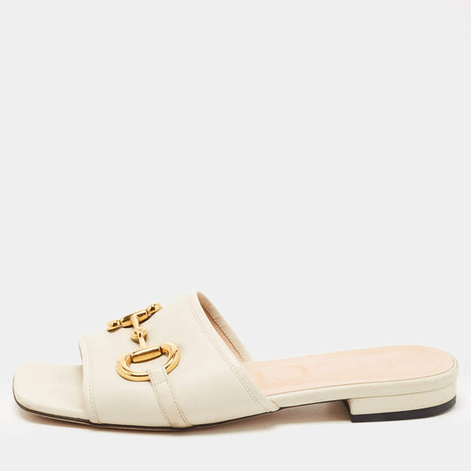 Original Gucci White Leather Horsebit Flat Slides Size 37