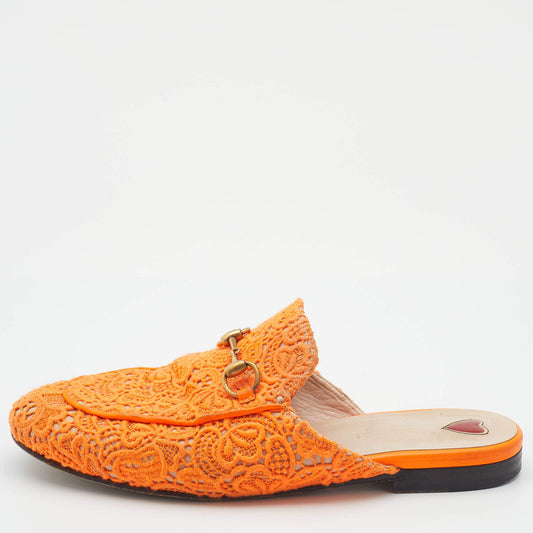 Original Gucci Neon Orange Lace Princetown Flat Mules Size 37.5