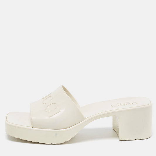 Original Gucci Off White Rubber Embossed Logo Slide Sandals Size 37