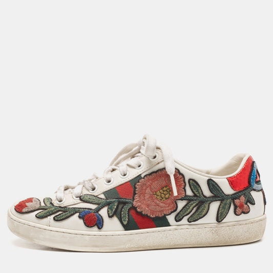 Original Gucci White Leather Floral Embroidered Ace Sneakers Size 36.5