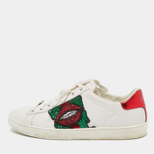 Original Gucci White Leather Sequins and Crystal Embellished Lips Ace Sneakers Size 36