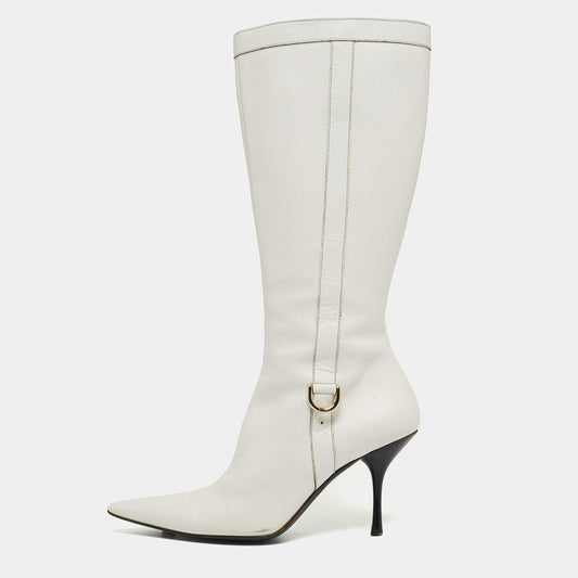 Original Gucci White Leather Pointed Toe Knee Length Boots Size 41