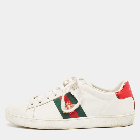 Original Gucci White Leather Embroidered Bee Ace Sneakers Size 36