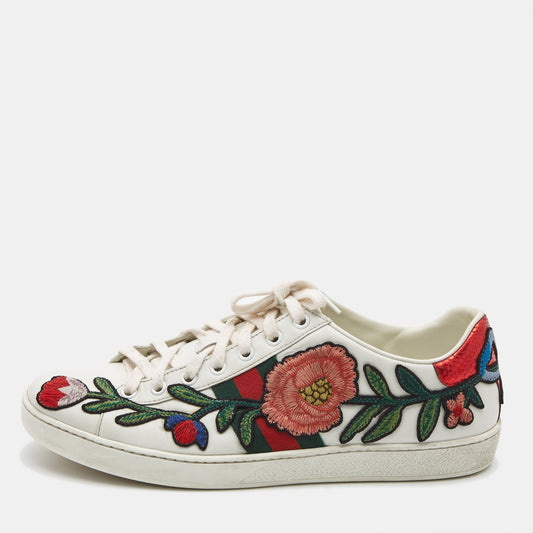 Original Gucci White Leather Floral Embroidered Ace Sneakers Size 39.5