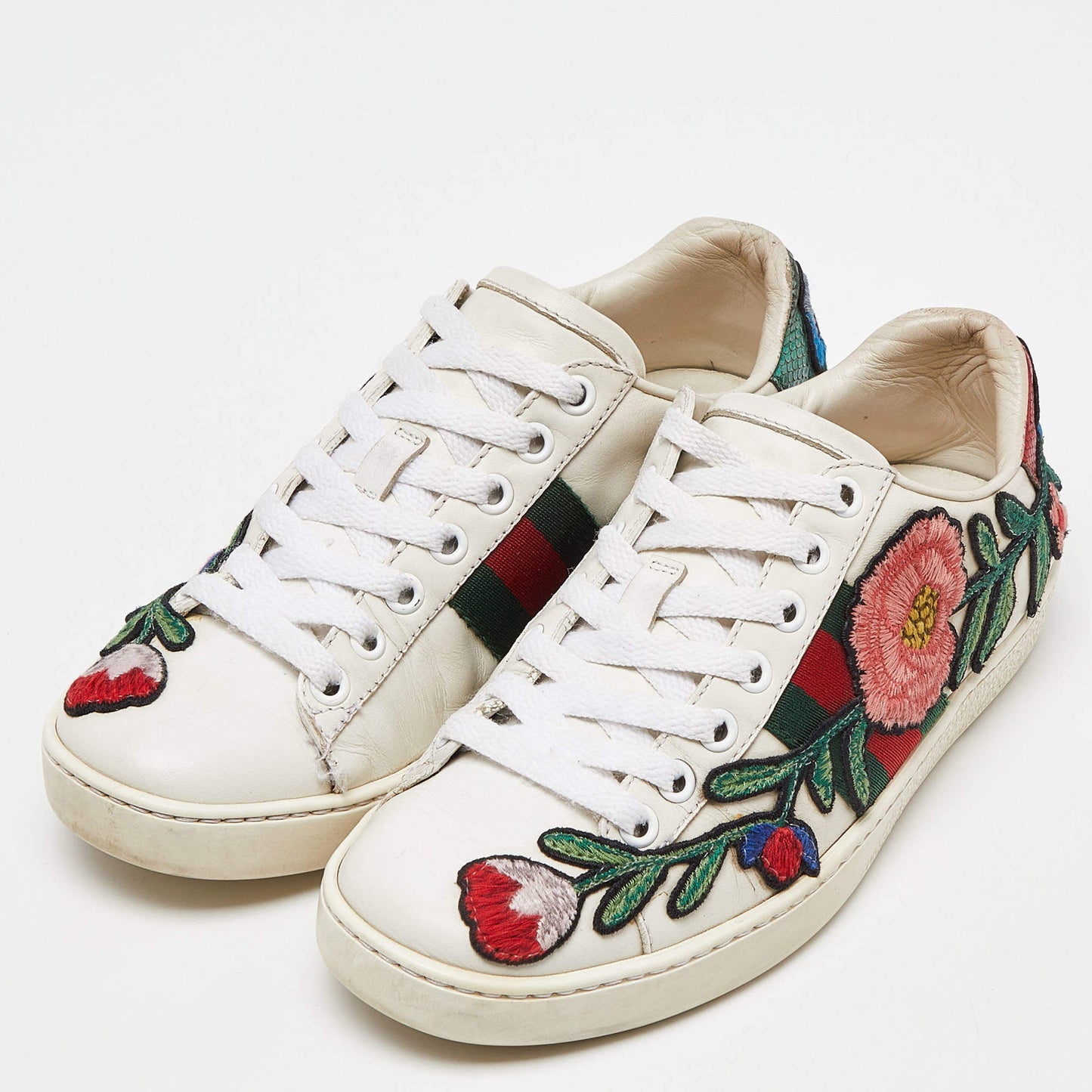 Original Gucci White Leather Floral Embroidered Ace Sneakers Size 35