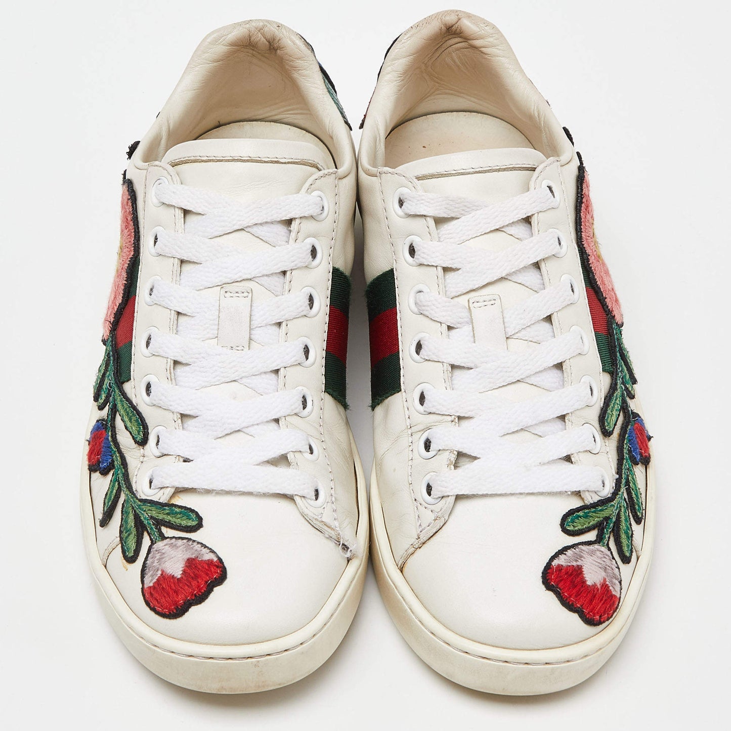 Original Gucci White Leather Floral Embroidered Ace Sneakers Size 35